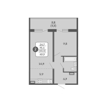 2-комнатная, 45.5 м², жилая: 41.1 м², кухня: 5.9 м²