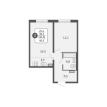 2-комнатная, 40.8 м², жилая: 40.8 м², кухня: 3.4 м²