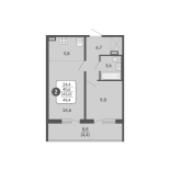 2-комнатная, 45 м², жилая: 40.6 м², кухня: 5.8 м²