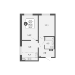 3-комнатная, 48.5 м², жилая: 48.5 м², кухня: 4.4 м²