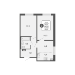 3-комнатная, 48.5 м², жилая: 48.5 м², кухня: 4.4 м²