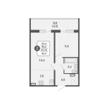 2-комнатная, 45 м², жилая: 40.6 м², кухня: 5.8 м²