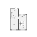2-комнатная, 41.1 м², жилая: 41.1 м², кухня: 3.4 м²
