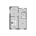 3-комнатная, 48.5 м², жилая: 48.5 м², кухня: 4.4 м²