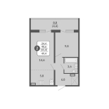 2-комнатная, 45 м², жилая: 40.6 м², кухня: 5.8 м²